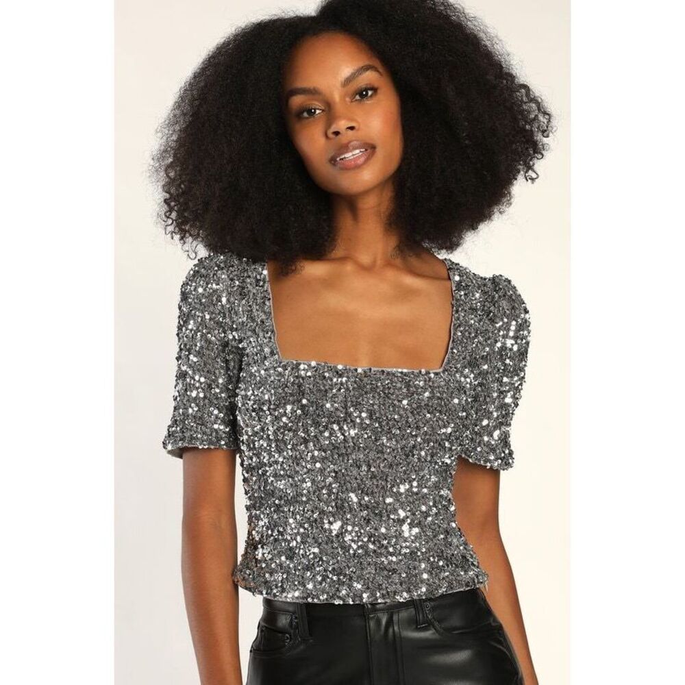 Lulus Sparkling Marvel Silver Sequin Square Neck Crop Top - Size L